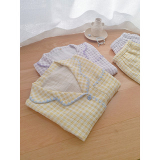 Queijo doce puro algodão pijamas feminino verão 2025 novo estilo de manga curta xadrez gaze Homewear terno