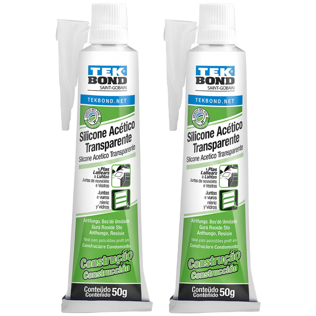 Kit 2 Silicone Acético Transparente Vedação Sela Pia Box Banheiro Porta Janela Bisnaga 50g Tekbond
