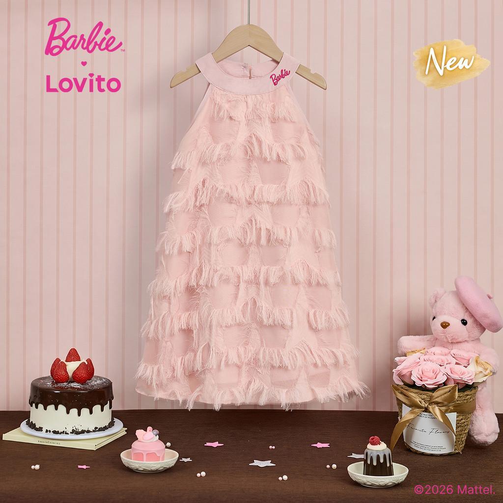 (New Arrival) Barbie™ X Lovito Infantil Vestido Longo Rosa Flare Camadas Bordado Férias Primavera Verão Casual Para Meninas DRBL6PAD032