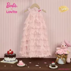 (New Arrival) Barbie™ X Lovito Infantil Vestido Longo Rosa Flare Camadas Bordado Férias Primavera Verão Casual Para Meninas DRBL6PAD032