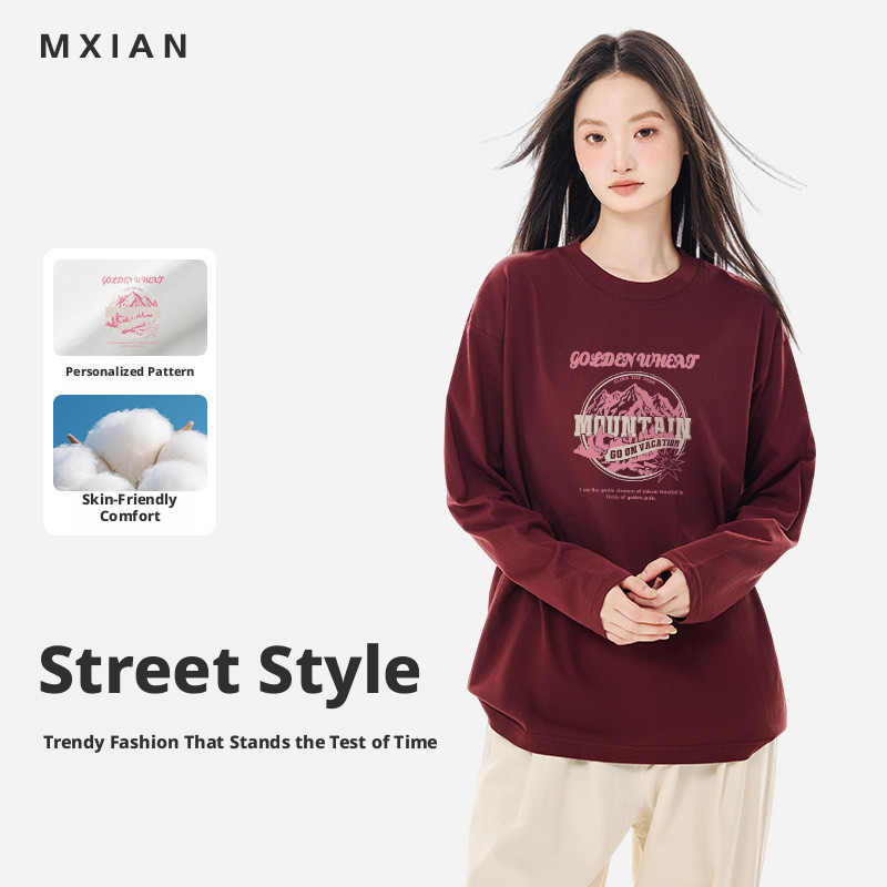 Camiseta de manga comprida estampada de algodão puro solta com gola redonda masculina e feminina americana Casual