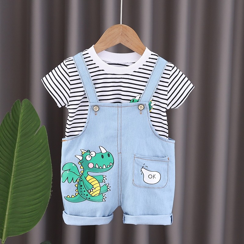Ternos Casuais Infantis De 0 A 4 Anos , Camiseta Listrada Com Gola Redonda E Macacão Estampa De Dinossauro , Conjunto De