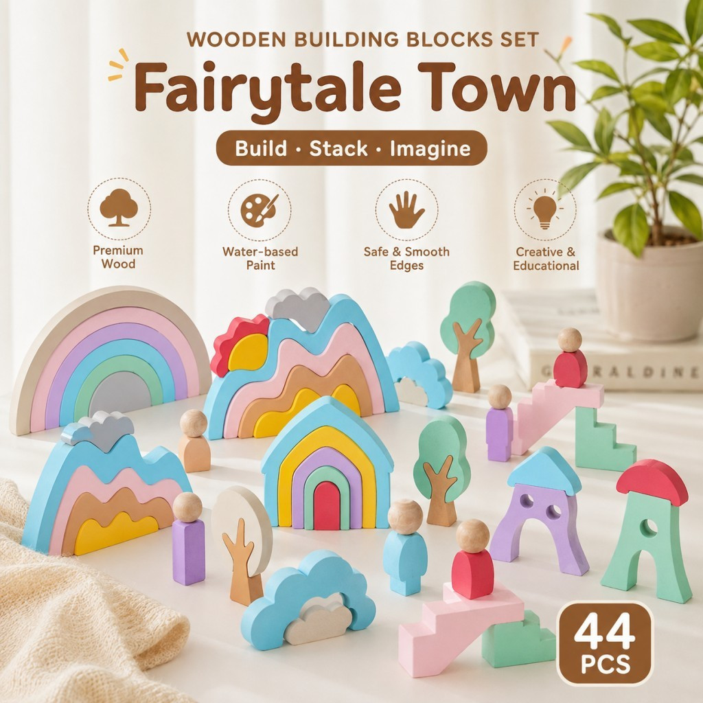 Blocos De Construção De Madeira 44 Peças Arco-Íris Empilhamento Brinquedo De Equilíbrio Conjunto Montessori Para Criança