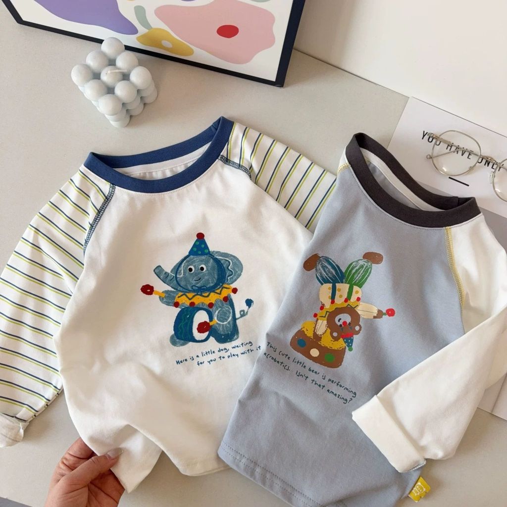 Meninos camiseta de manga comprida primavera outono versão coreana simples moda dos desenhos animados urso impressão cor