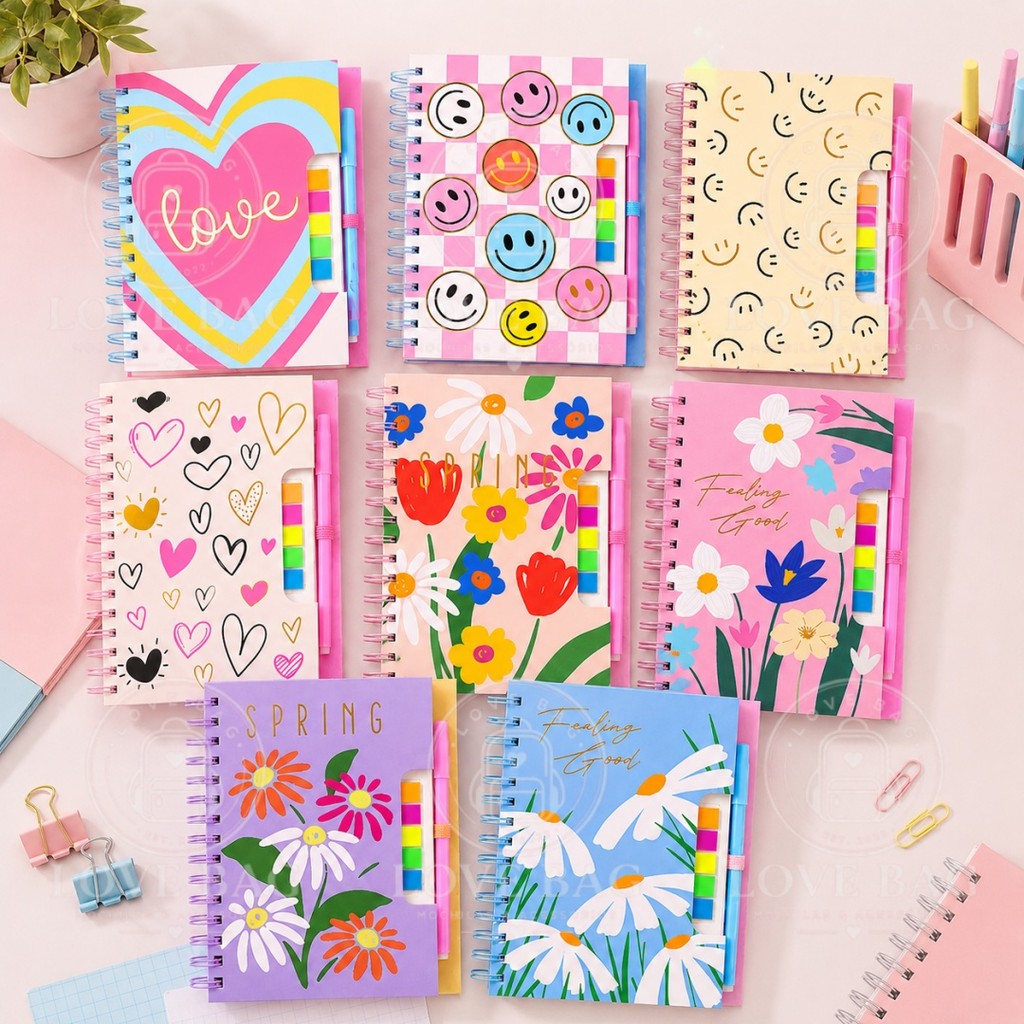 Caderno Capa Dura Espiral Pautado A5 80 Folhas com Caneta Apagável e Notas Adesivas