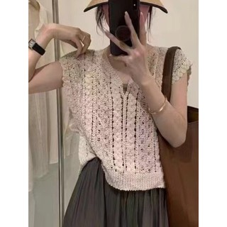 Estilo coreano doce temperamento mão-tecido oco com decote em V gelo seda malha colete feminino moda pulôver topo verão