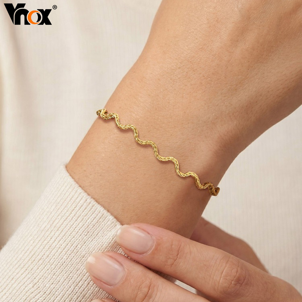 Pulseira De Corrente Ondulada Dourada Vnox Para Mulheres , Ligação De Onda Fina Ajustável De Aço Inoxidável Moda Minimal