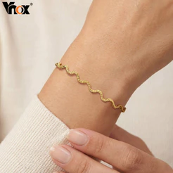 Pulseira De Corrente Ondulada Dourada Vnox Para Mulheres , Ligação De Onda Fina Ajustável De Aço Inoxidável Moda Minimal