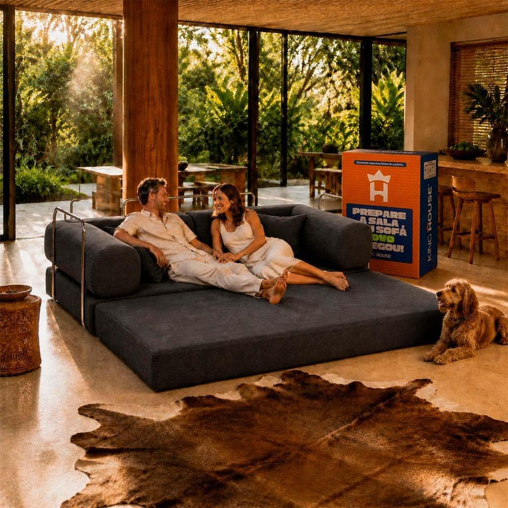 Sofá Cama Chegada Molas Ensacadas á Vácuo 3 Lugares 2,02m Veludo Cotelê Cinza Grafite - King House — imagem 2 de 2