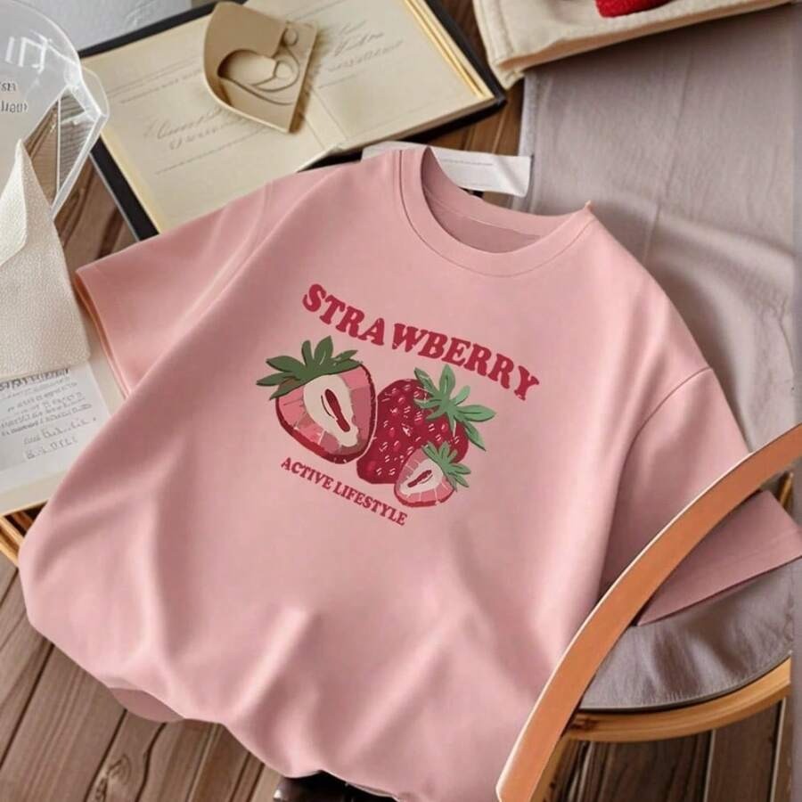 Camiseta Infantil 100% Algodão - Manga Curta de Gola Redonda com Estampa Gráfica Rosa para Meninas