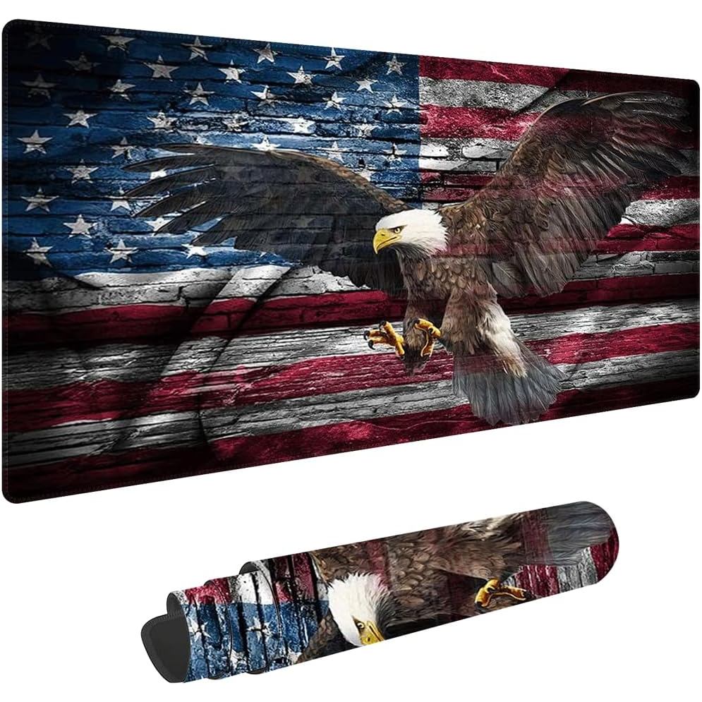 Mousepad Grande para Jogos com Bandeira Americana e Águia, Antiderrapante de Borracha