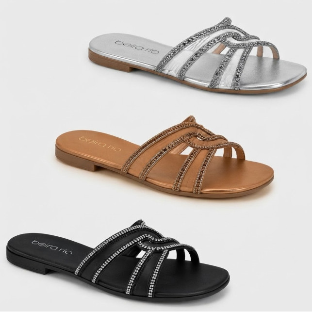 Chinelo Rasteira Feminina Beira Rio Slide Strass Brilho Original