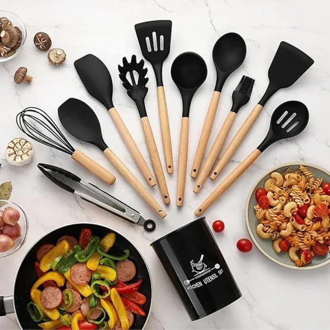Kit 12 Peças Utensílios de Cozinha Silicone Resistente Calor Antiaderente Cabos de Madeira - PAI Cor:Preto