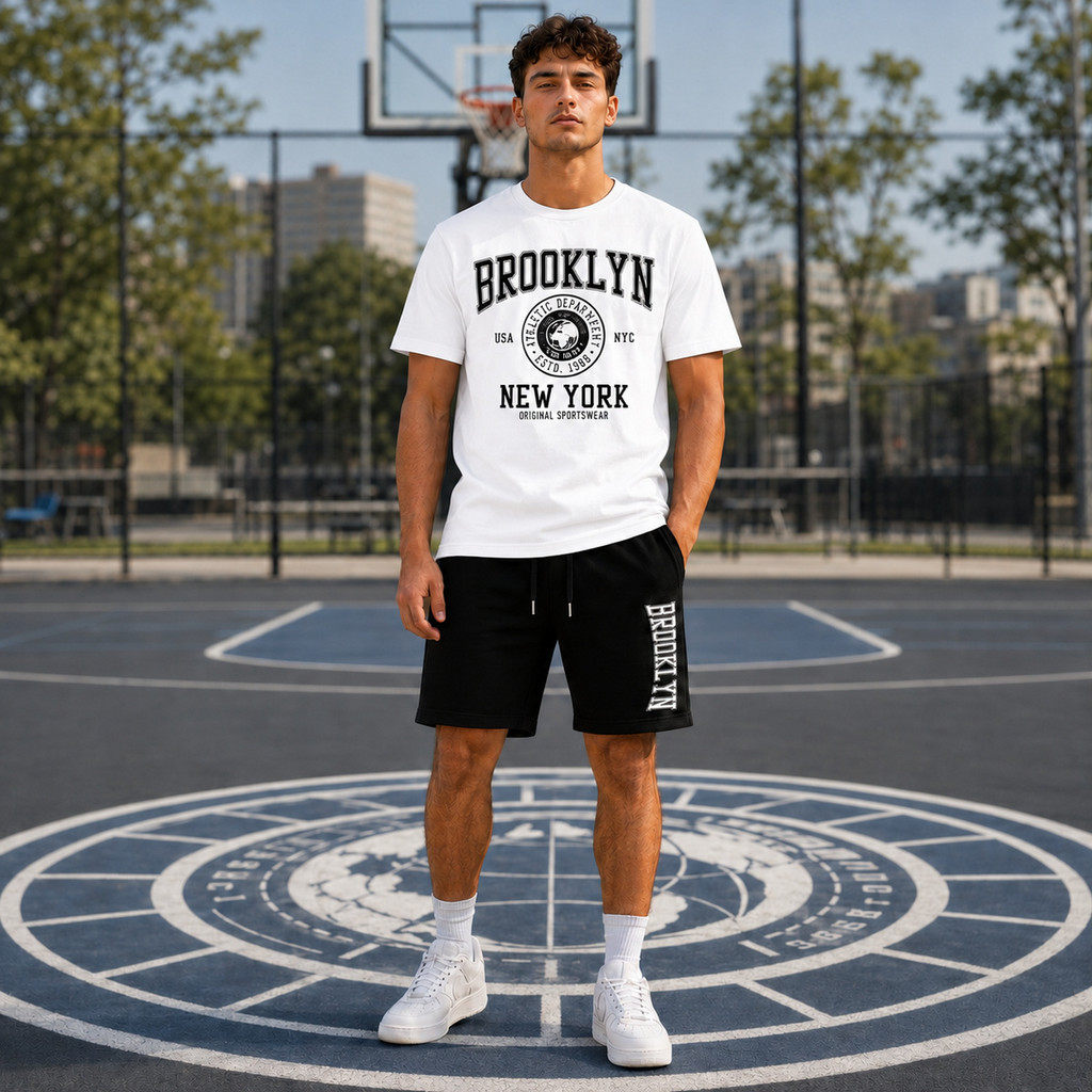 Kit Conjunto Masculino Camiseta Brooklyn Estampada Bermuda Moletom Streetwear Casual Algodão