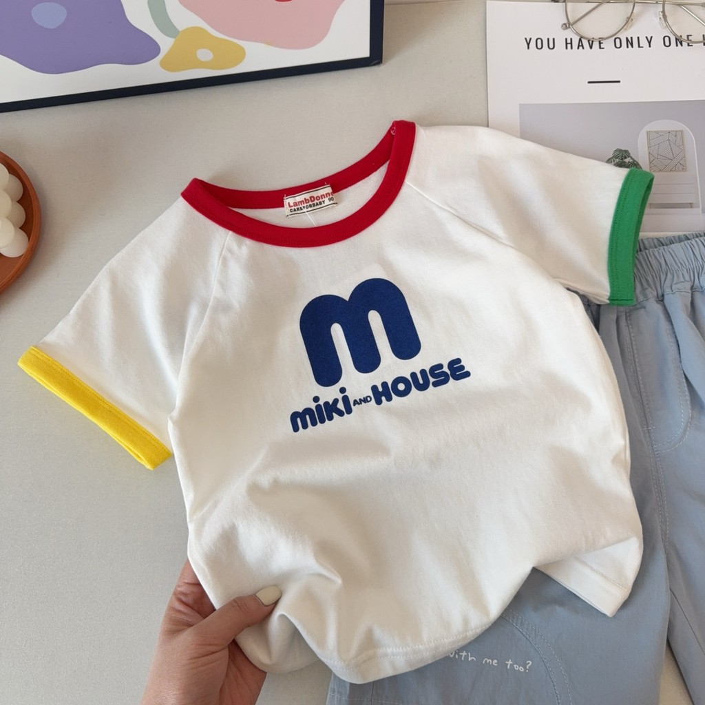 Crianças moda estilo simples de manga curta ~ verão novo estilo meninos meninas puro algodão bonito meia manga camiseta 