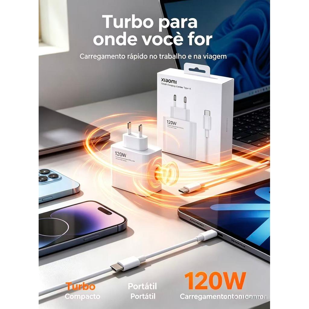 Carregador Xiaomi 120W Completo Turbo Cabo USB + TIPO C Redmi Note