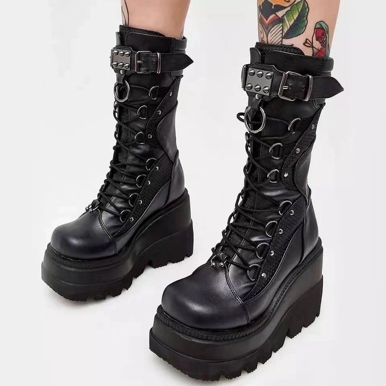 TAMANHO35-43.Aumentar a altura 9CM, botas de cano médio de sola grossa femininas, botas de cavaleiro de cunha femininas,