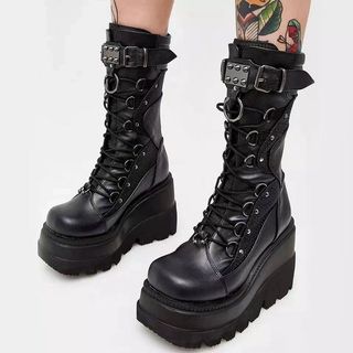 TAMANHO35-43.Aumentar a altura 9CM, botas de cano médio de sola grossa femininas, botas de cavaleiro de cunha femininas,