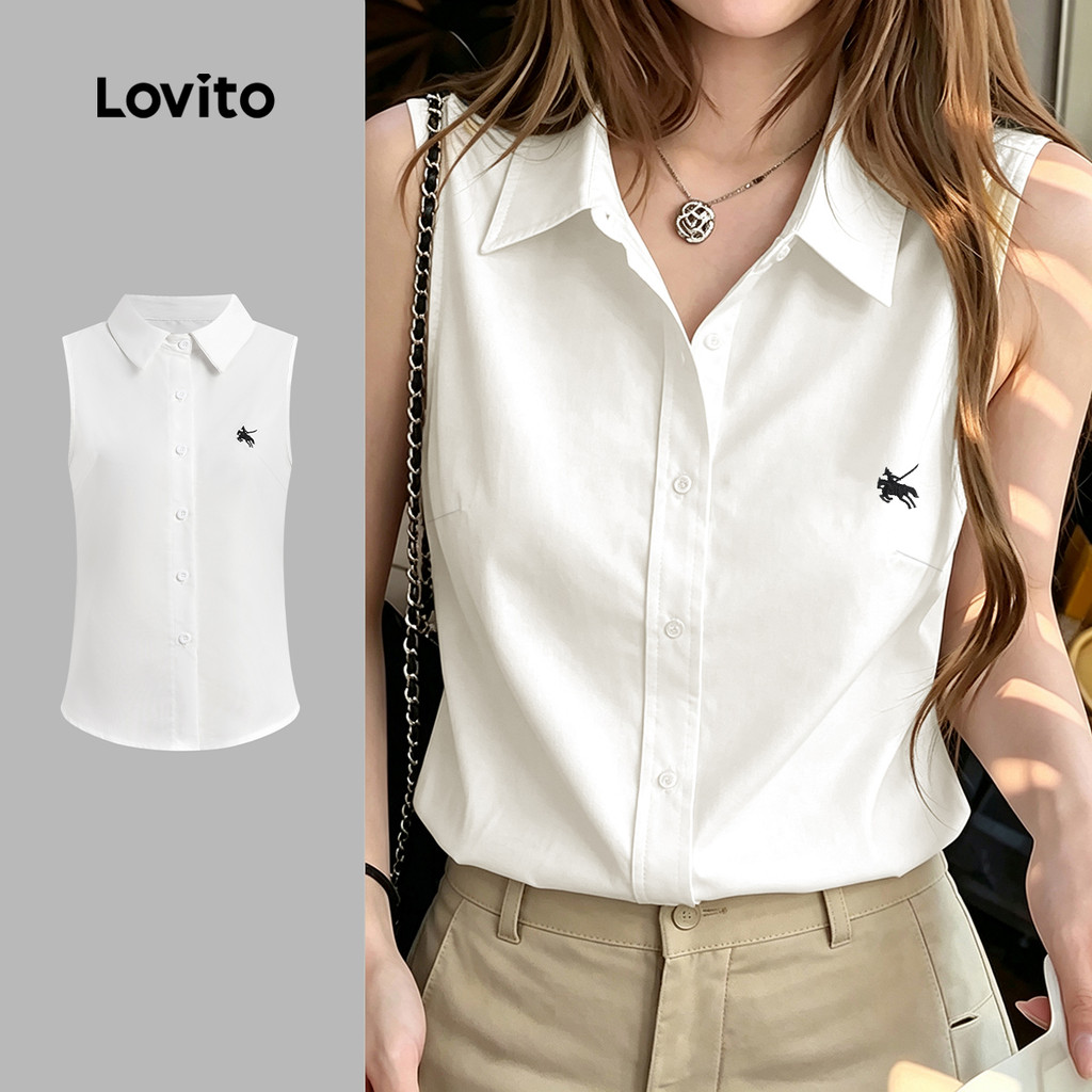 Lovito Top Feminino Branco Elegante com Padrão Simples e Botões primavera/verão TKK8P2D854