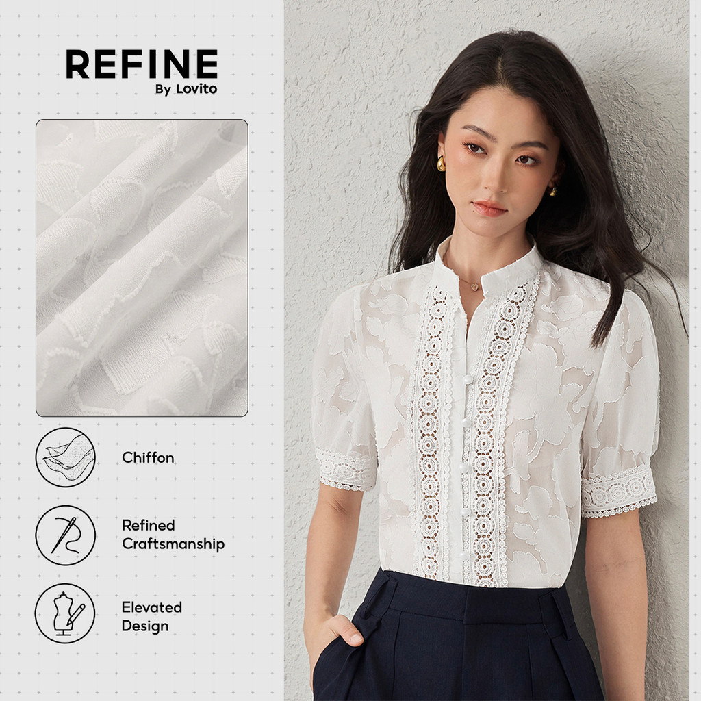 (Refine by Lovito) Blusa Social Renda Fluida Jacquard Cor Branco Feminino Primavera/Verão BLR42P1D064
