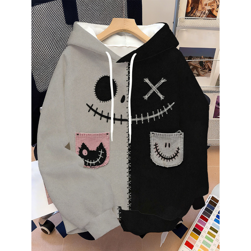 [Design estampado - não texturizado] Moletom com capuz estampado exclusivo e engraçado com costura careta feminino solto