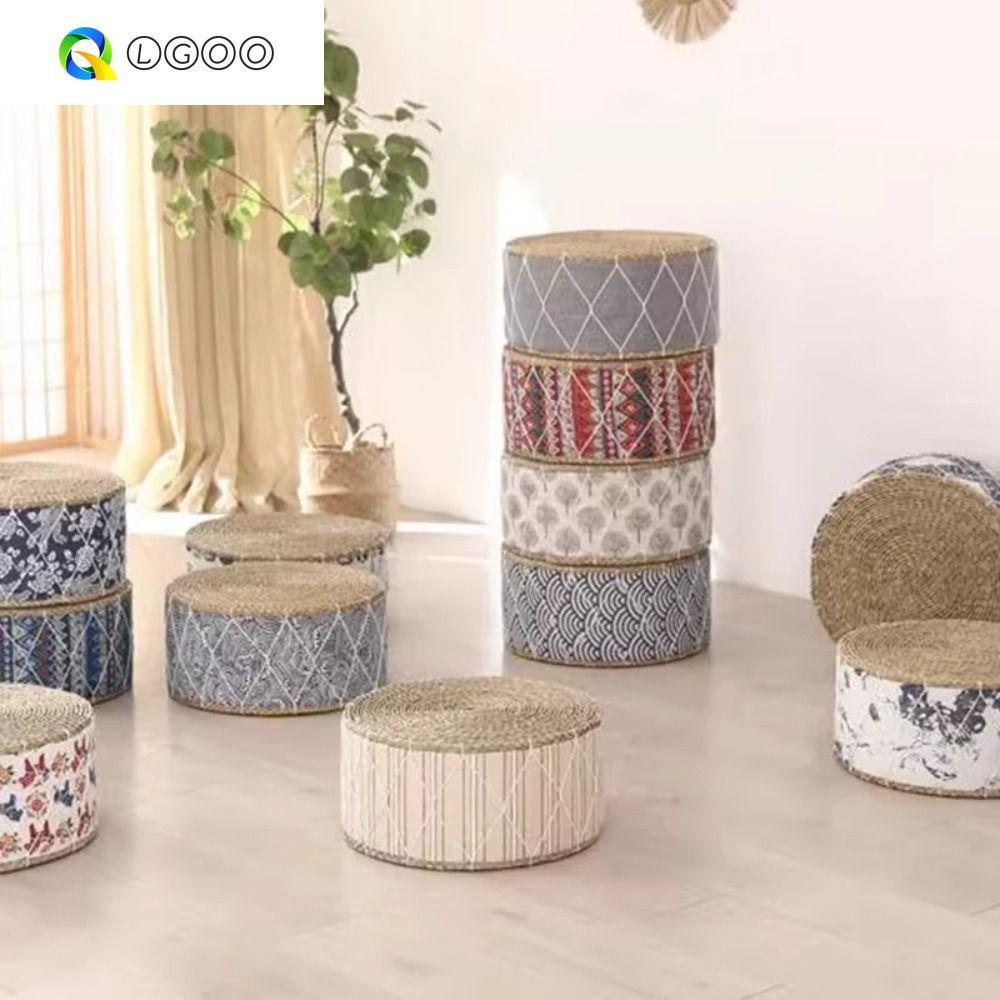 Imagem Almofada De Chão LGOO , Banco Tecido De Formato Redondo À Mão , Zafu De Palha Natural De Material Durável
