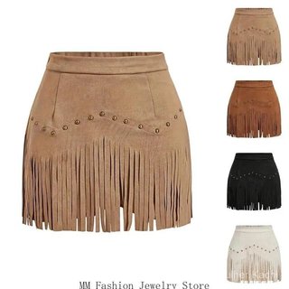 Saia com franjas e rebites, cintura alta, elástica, estilo cowgirl, com fecho, ideal para concertos e eventos rurais D0U
