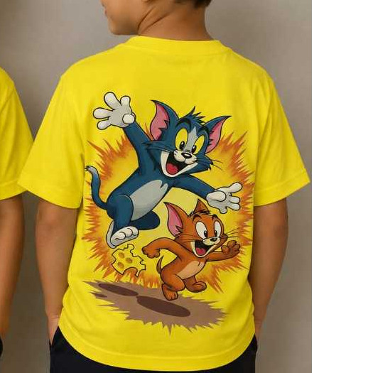 Camiseta Infantil Tom e Jerry Amarela 100% Algodão – Estampa Divertida Frente e Costas dos Personagens