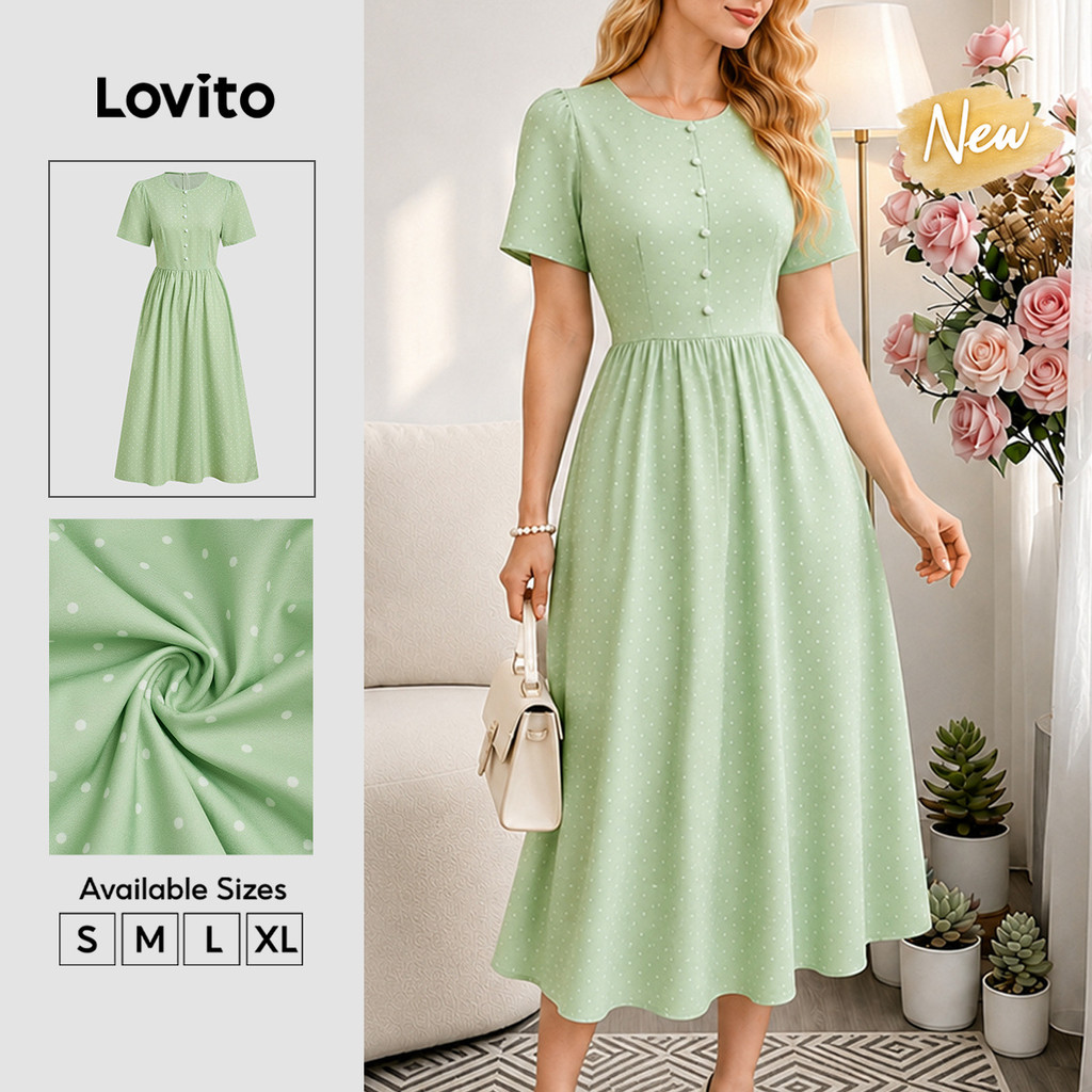 (New Arrival) Lovito Vestido Verdeclaro Feminino Casual De Bolinhas Com Botões Longo E Evasê Para Primavera/verão E Fim De Semana DRB39BR042