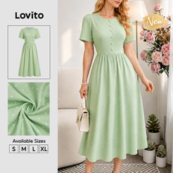 (New Arrival) Lovito Vestido Verdeclaro Feminino Casual De Bolinhas Com Botões Longo E Evasê Para Primavera/verão E Fim De Semana DRB39BR042