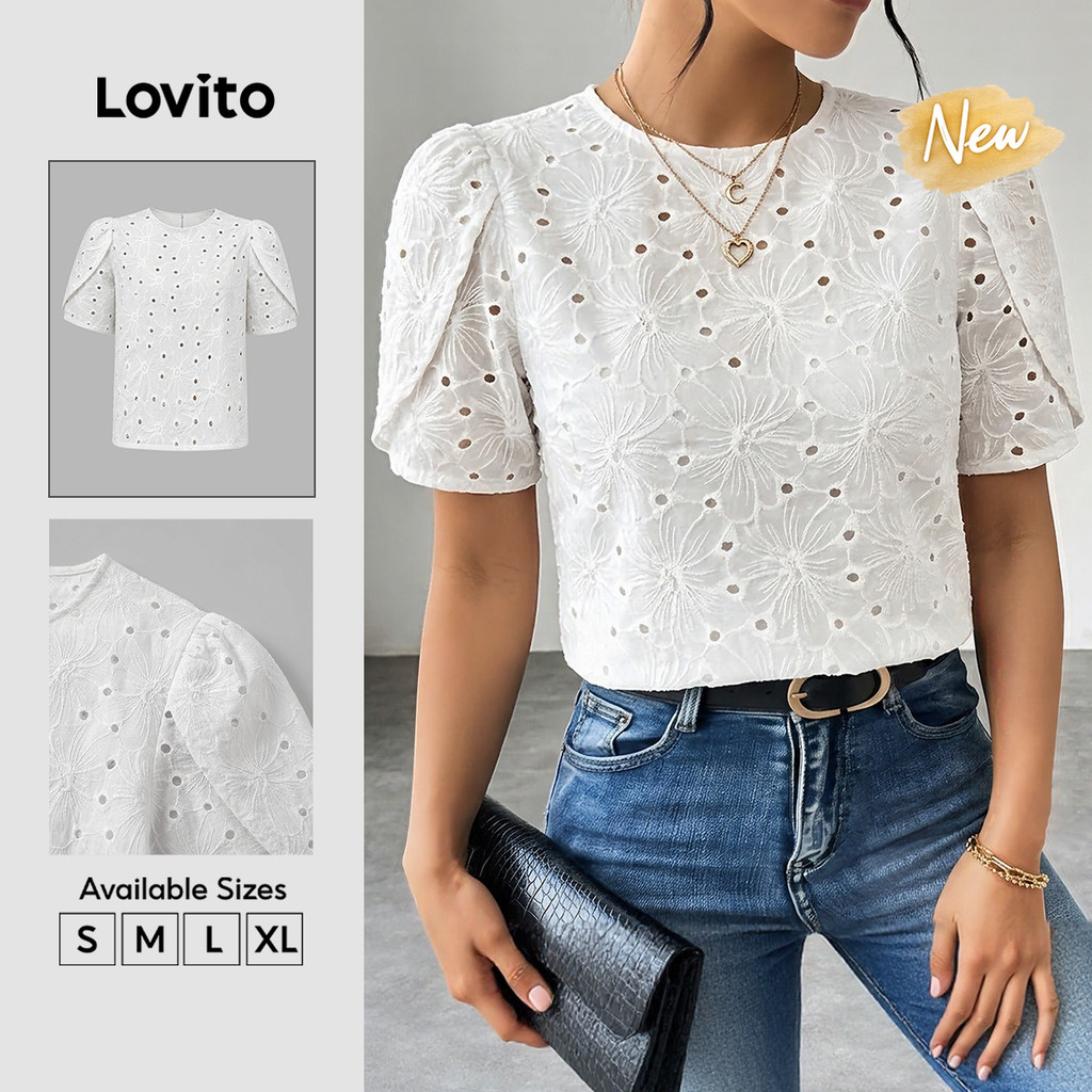 (New Arrival) Lovito Casual Short Sleeve Round Neck Jacquard Spring Summer Holiday Weekend White Blouse for Women BLK10BR258