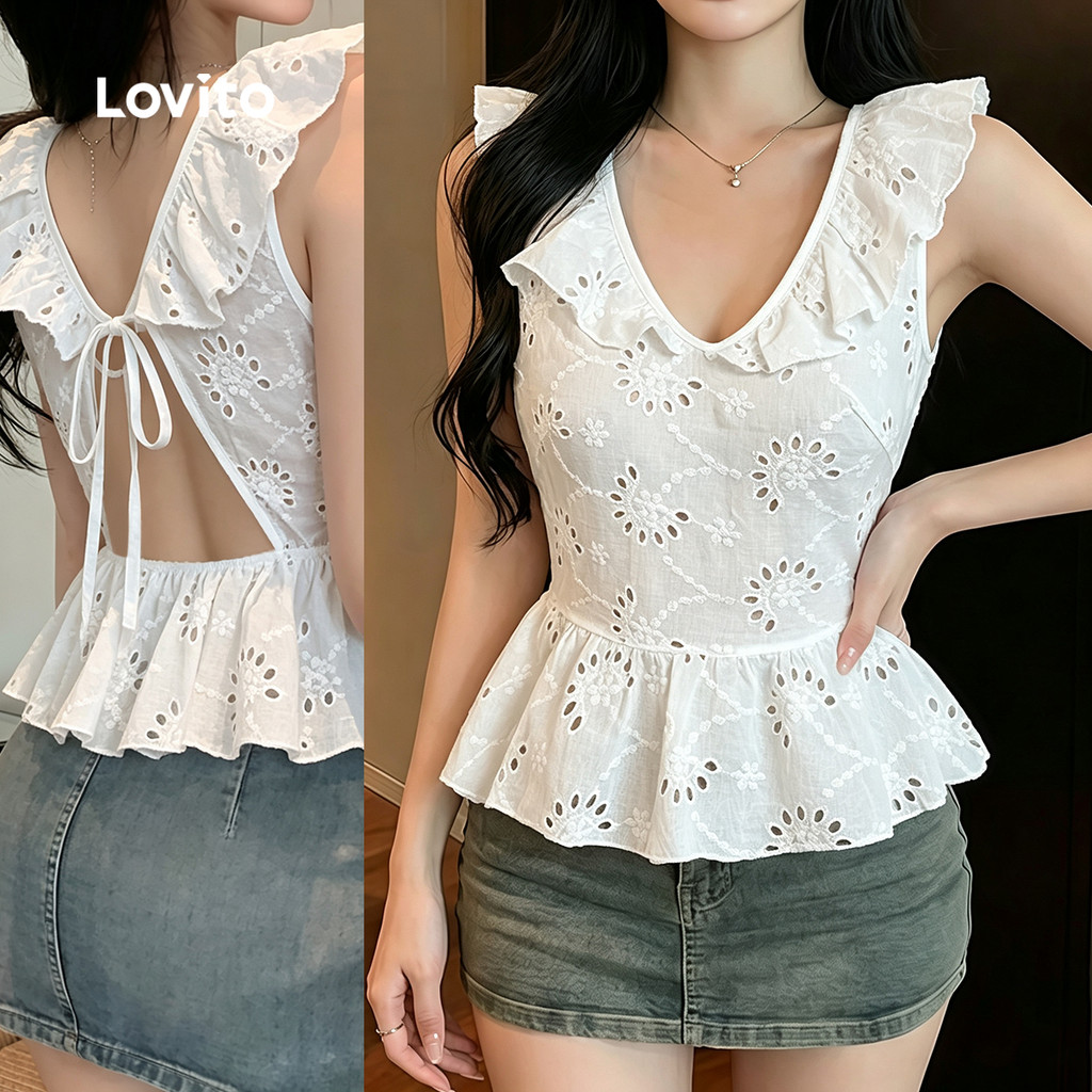 Lovito Blusa Boho com Laço Traseiro e Babados Bordado de Ilhós Blusa Branca de para Mulheres BLK8P1D555