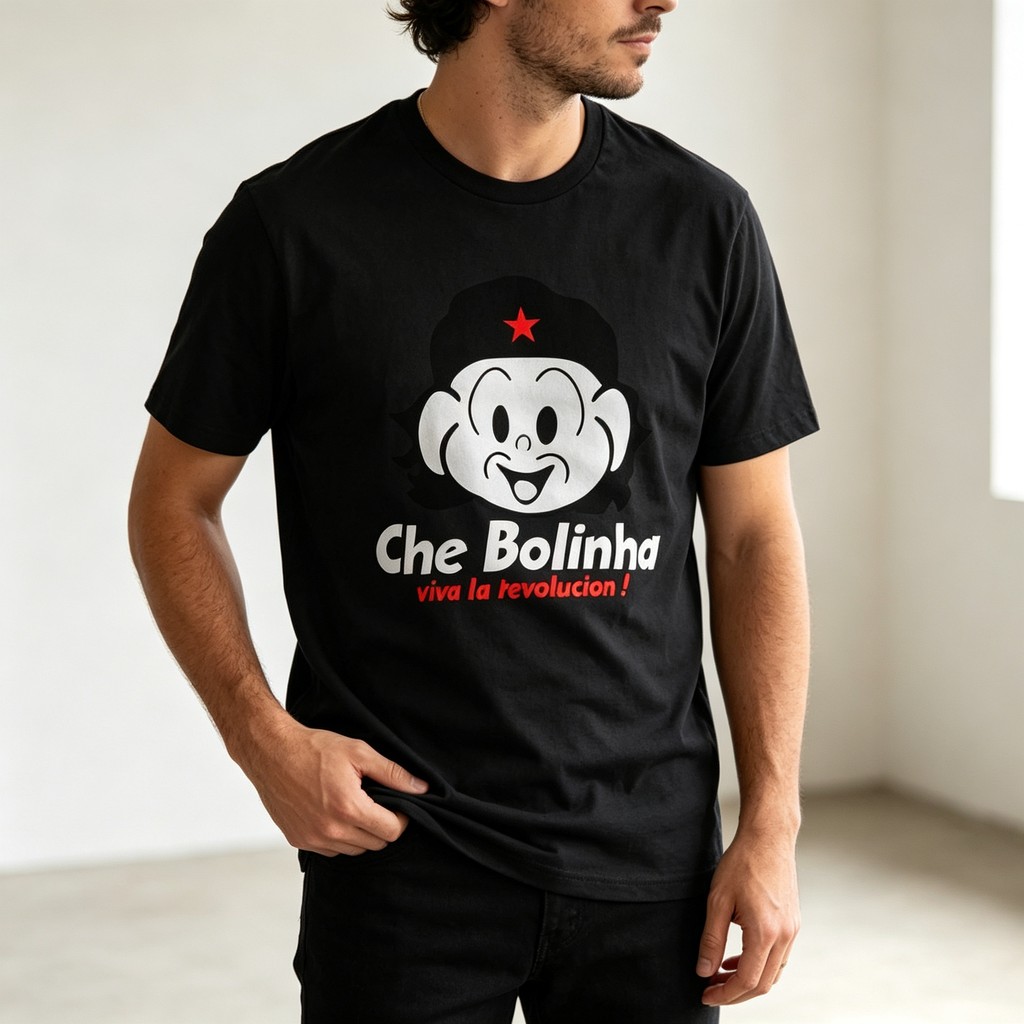 Camiseta 100% Algodão Che Bolinha Personagem Cartoon Estampa Frase Manga Curta Unissex