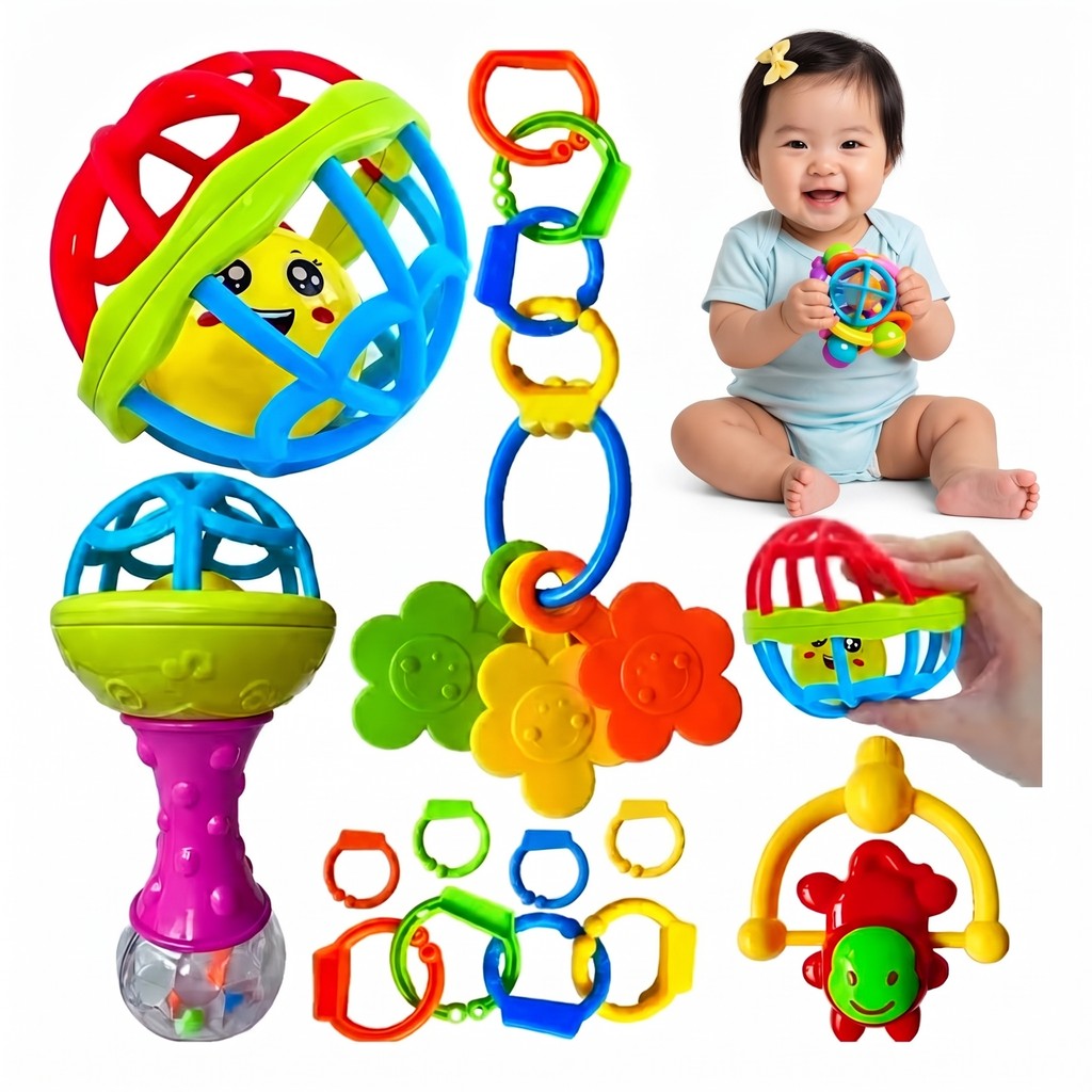 Kit Chocalho Mordedor para Bebê em Silicone Macio 8 Peças Sensoriais Colorido