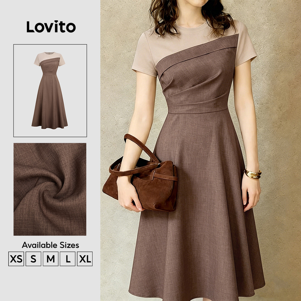 Lovito Midi Vestido Elegante Colorblock Pregueado Primavera/verão Marrom para Mulheres L189AD119