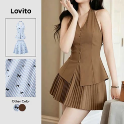 Lovito Plissada Elegantes Tops ou Calças Pregas para O Dia a Dia Primavera/verão Top Cáqui para Mulheres L190ED737