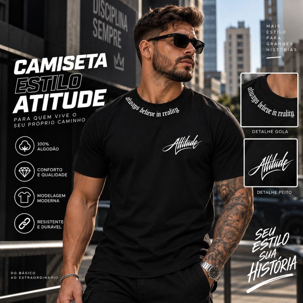 CAMISETA MASCULINA ATITUDE ESTAMPADA 100% ALGODÃO GOLA REFORÇADA T-SHIRT CASUAL MODERNA CONFORTÁVEL