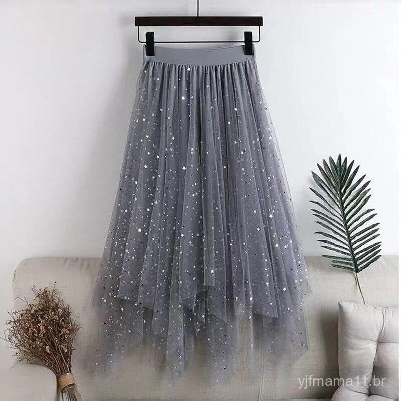 Saia longa com tule e lantejoulas, cintura elástica, saia em formato de A de tafetá, saia longa brilhante, ideal para fe
