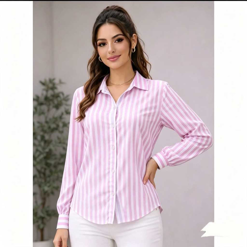 Camisa listrada feminina DUNA, de manga comprida, elegante e de alta qualidade, modelo T35K.