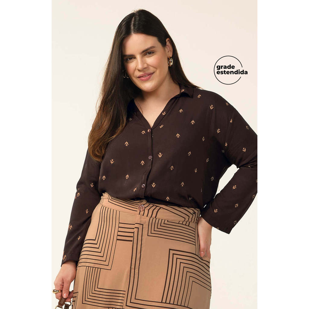 Camisa Feminina Manga Longa Floral Marialícia Marrom