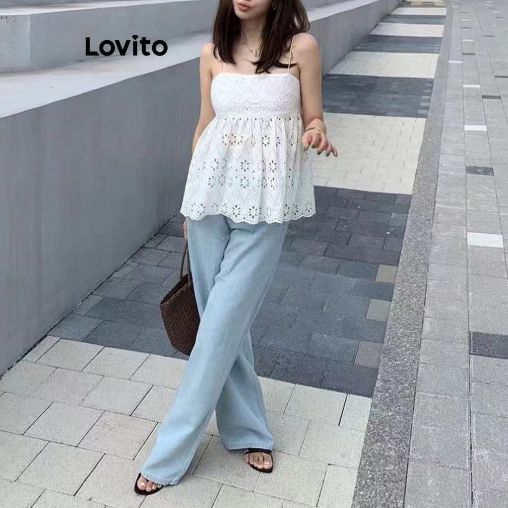 (Trendy) Lovito Regata Férias Com Ilhó Liso Bordado Babado Bainha Top De Verão Para Mulheres L74ED138