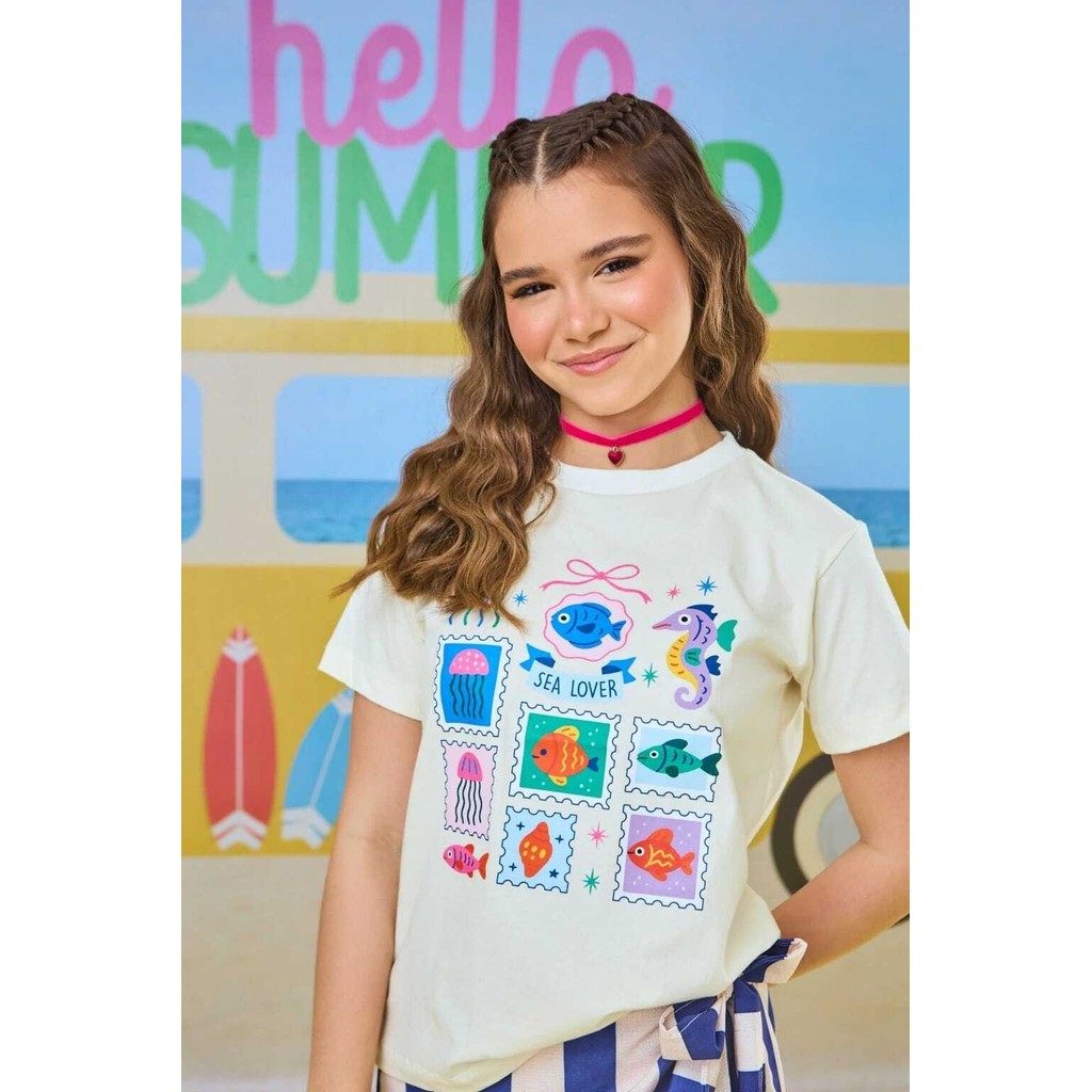 Conjunto Infantil Feminino com Blusa Estampada e Short-Saia Listrado Azul