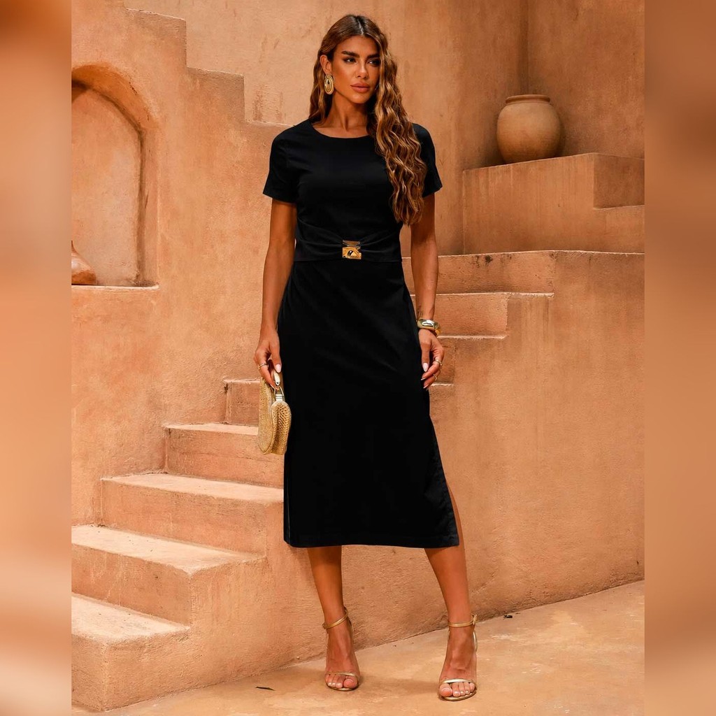 Vestido Amicia Midi Algodão Elastano Preto