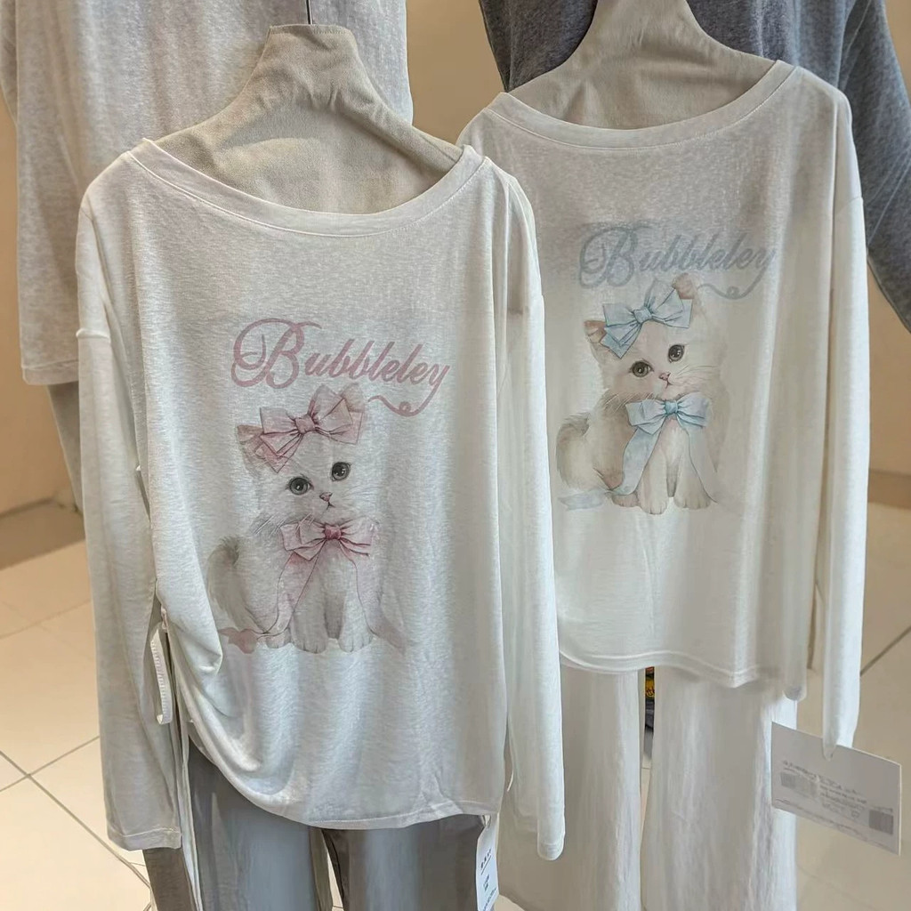 Primavera verão versão coreana solto dos desenhos animados impresso gato de manga comprida camiseta feminina ombro incli
