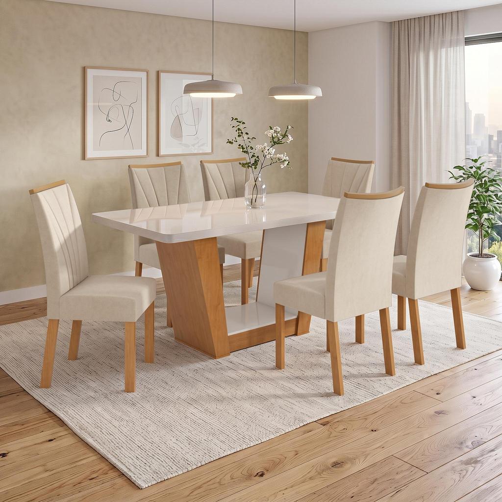 Imagem Conjunto Sala de Jantar Mesa Apogeu 1,70m Maxi Tampo com Vidro com 6 Cadeiras Veludo Creme
