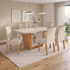 Conjunto Sala de Jantar Mesa Apogeu 1,70m Maxi Tampo com Vidro com 6 Cadeiras Veludo Creme