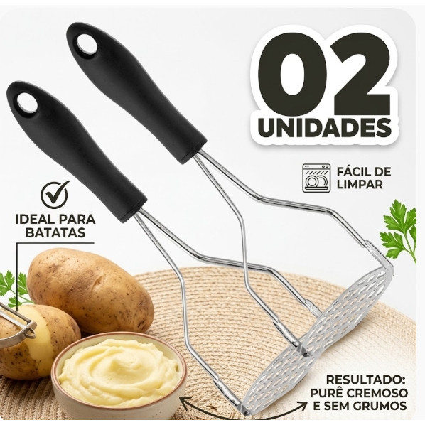 Kit 02 Amassador Espremedor de Batata Inox Manual Resistente com Pressão Rápida