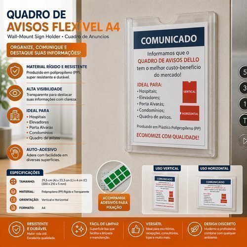Quadro Avisos Versatil Transparente Autoadesivo Formato A4 Protecao Comunicacao Visual
