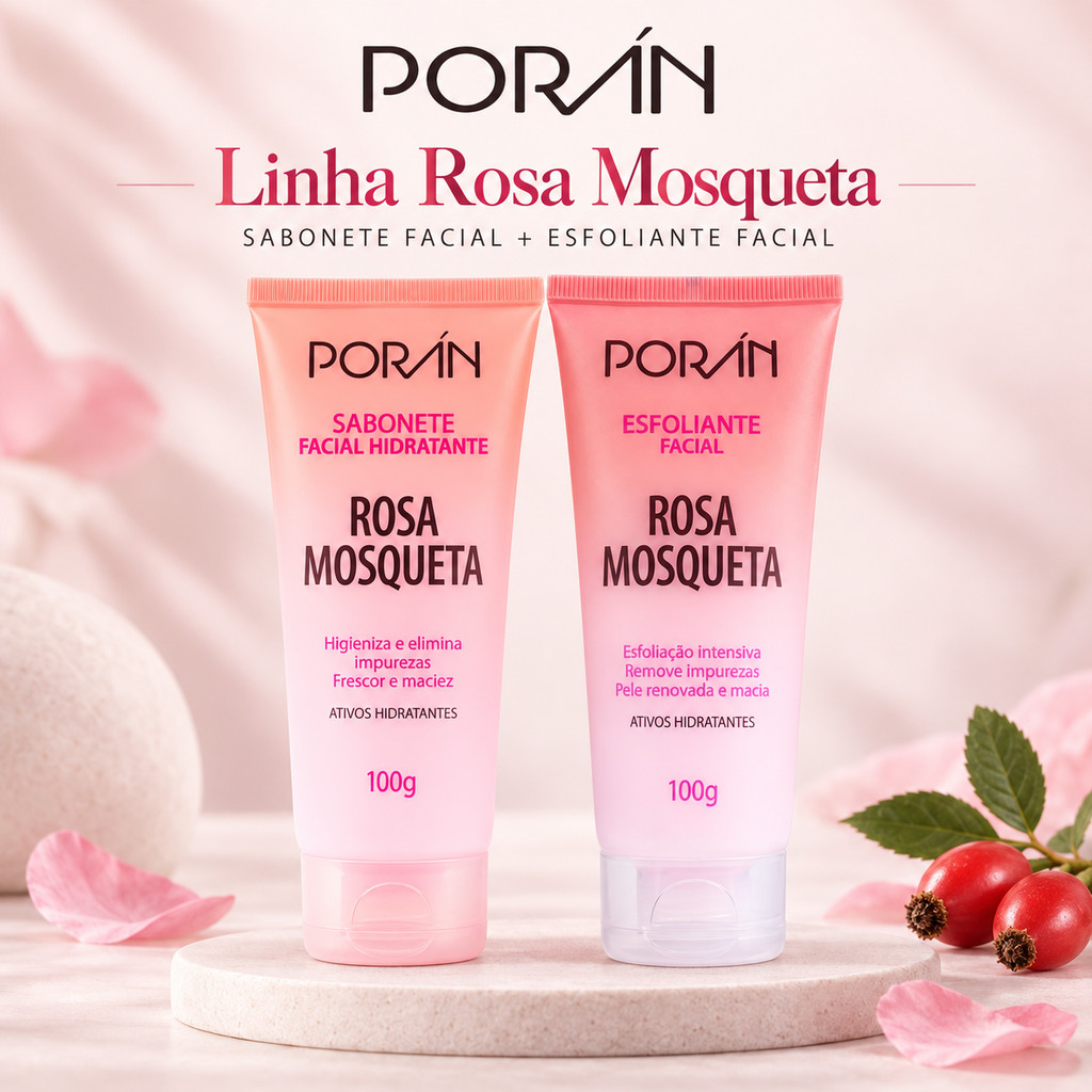 Kit Sabonete e Esfoliante Facial Rosa Mosqueta Poran Skincare Remove Impurezas Renovação e Hidratação da Pele Rosto