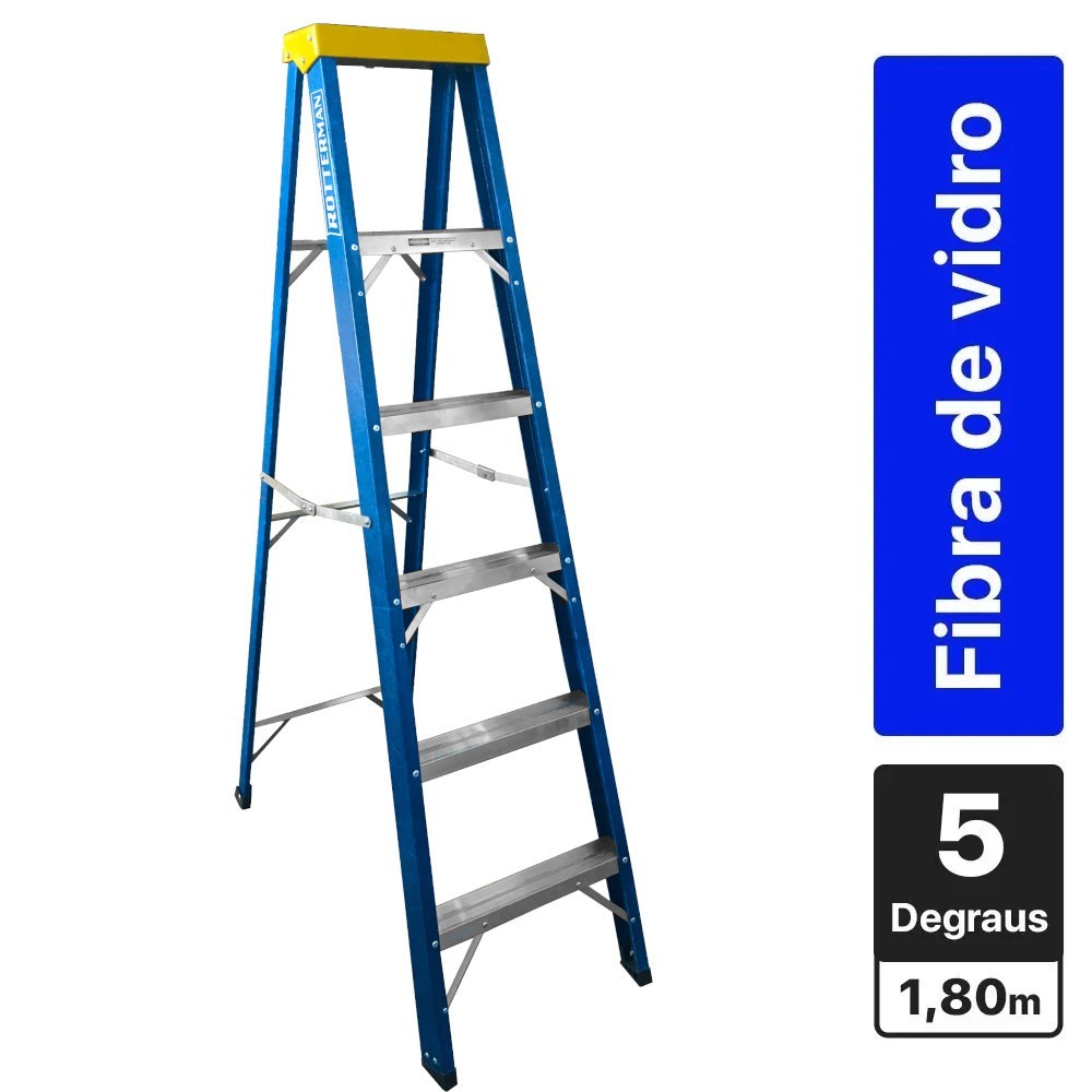 Escada de fibra de vidro 5 degraus + patamar 1,80 m americano simples - Rotterman
